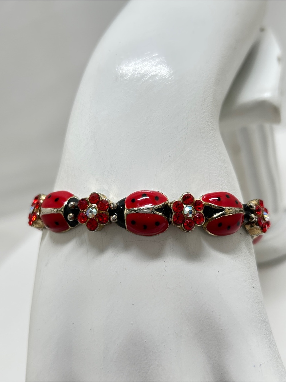 Red And Black Enamel Ladybug Bracelet With Red Crystals Flowers, Stretch